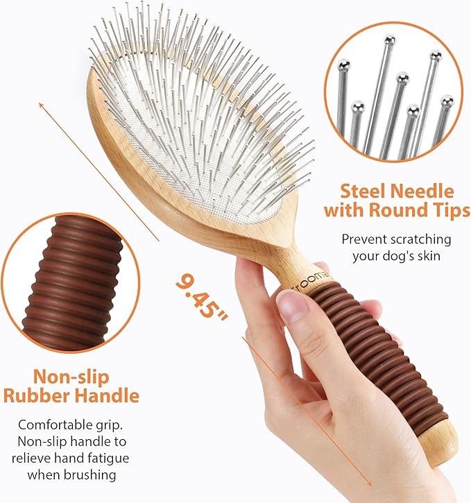 Dog Brush for Long Haired Dogs, 27mm Extra Long Pin Brush for Grooming, Shedding - Beech Wood Material, Non-Slip Rubber Handle, Round-Tipped Pins-PawvioPets