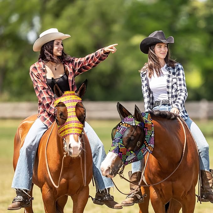 Frienda 4 Pieces Horse Fly Masks with Ears Face Covering UV Protection from Insect Pests Elasticity Smooth Comfortable Mesh Horse Mask Accessories(Geometric,Large)-PawvioPets