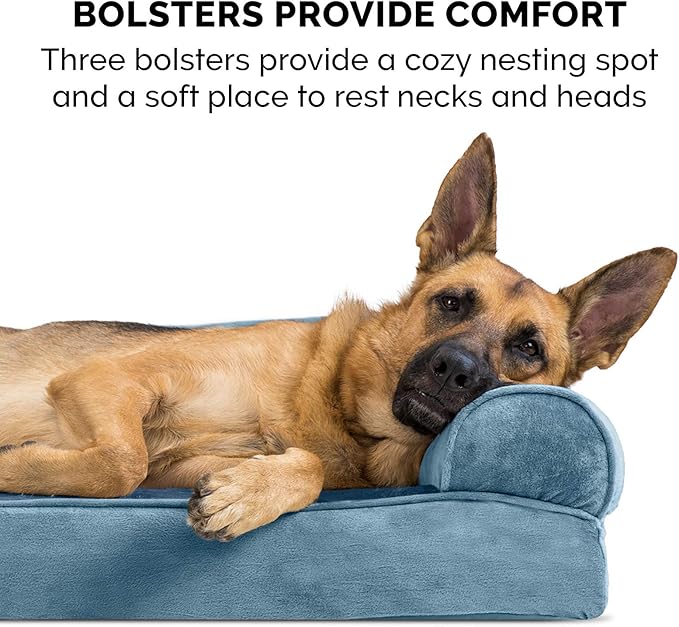 Furhaven Orthopedic Dog Bed for Large/Medium Dogs w/ Removable Bolsters & Washable Cover, For Dogs Up to 55 lbs - Faux Fur & Velvet Sofa - Harbor Blue, Large-PawvioPets