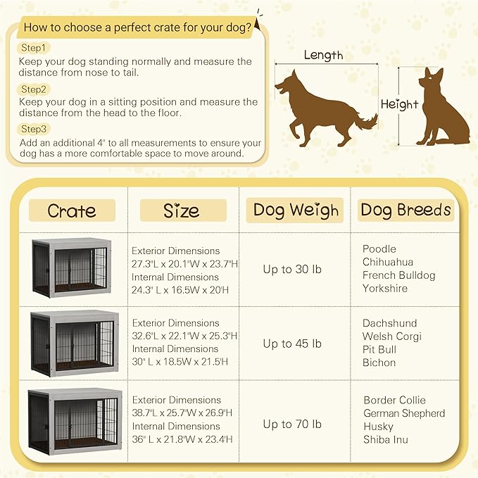 Bigrab Dog Crate Furinture with Thick Cushion, Side End Table Wooden Dog Cage with Double Doors, Chew-Resistant Dog Kennel Dog House Indoor for Small to Large Dog, L (Grey)-PawvioPets