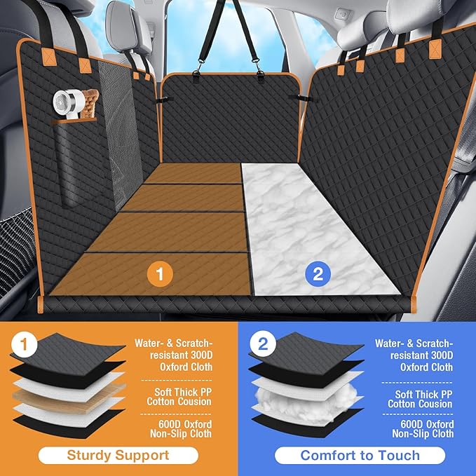 Dog Car Seat Cover for Back Seat, Dog Car Bed Cover with Strong Hard Bottom 4 Panels, Car Back Seat Extender Hammock for Car SUV Truck Black Color-PawvioPets