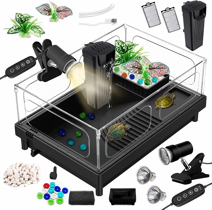 GOZILLA Small Turtle Tank Kit(Tank+Lamp+Filter), Acrylic Turtle Starter Kit with Adjustable Lamp, Reptile Habitat and Terrarium with Multi-Functional Areas for Small Reptiles. (Black Kit)-PawvioPets