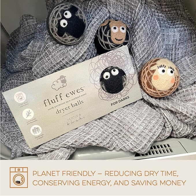 Fluff Ewes Wool Dryer Balls 3 Pack Premium New Zealand Wool Laundry Balls for Dryer, No Static Dryer Balls Laundry Reusable Cute - XL Wool Dryer Balls Cute, Baby Dryer Balls for Dryers - Darks-PawvioPets