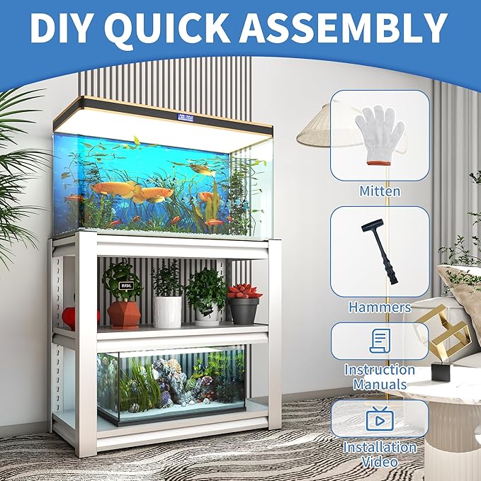 Fish Tank Stand White,3-tier Rack Shelf heavy duty Metal Frame Aquarium Stand 20 Gallon,Reptile Terrarium Stand for 30 Gallon Long Aquarium,Reptile Tank Stand,Breeder Tank Stand,31.5"*18"*34"-PawvioPets