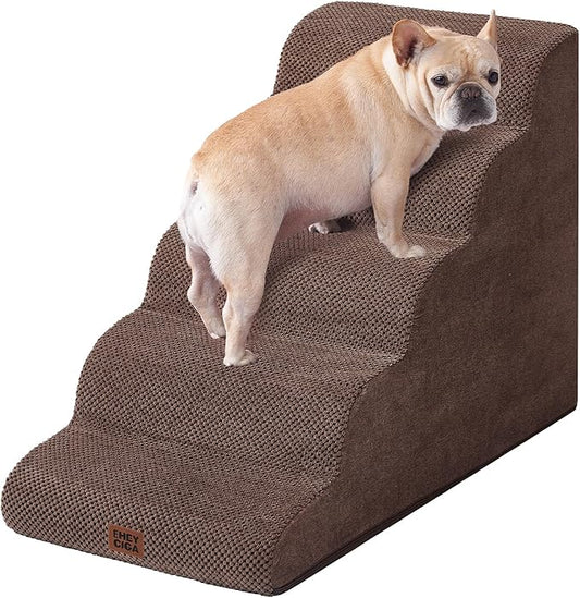 EHEYCIGA Curved Dog Stairs Ramp for High Beds, 5-Step Extra Wide Dog Steps for Small Dogs and Cats, Pet Stairs for High Bed Climbing, Non-Slip Balanced Pet Step Indoor, Brown-PawvioPets