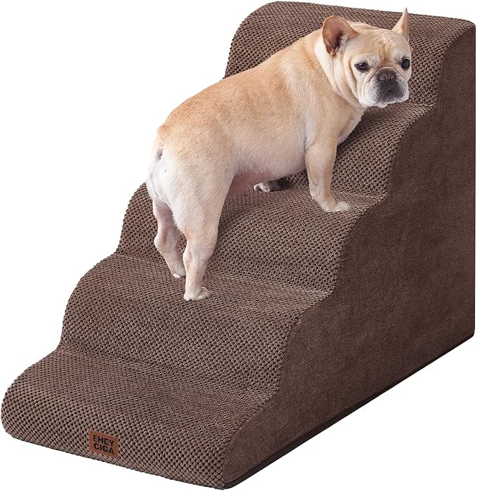 EHEYCIGA Curved Dog Stairs Ramp for High Beds, 5-Step Extra Wide Dog Steps for Small Dogs and Cats, Pet Stairs for High Bed Climbing, Non-Slip Balanced Pet Step Indoor, Brown-PawvioPets