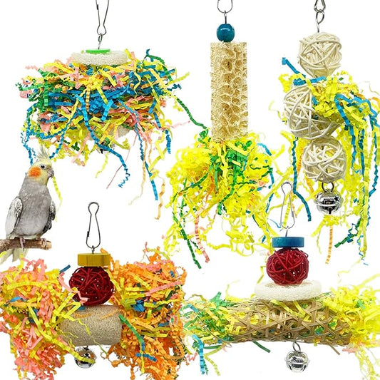 EBaokuup Bird Parrots Shredding Toys Parakeet Chewing Toys Bird Loofah Toys Parrot Cage Shredder Toys Bird Foraging Hanging Toys Bird Accessories for Parrots Lovebird Cockatiel Conure African Grey-PawvioPets