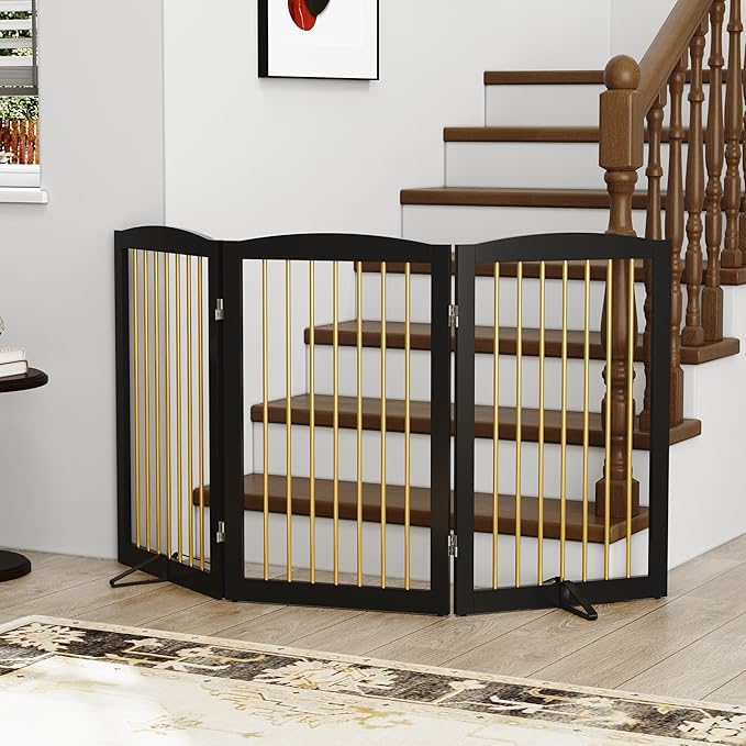 Freestanding Pet Gate for Dogs, Foldable Wooden Dog Gate for House Indoor, Step Over Pet Puppy Safety Fence for Stair, Doorway,Hall, Support Feet Included,3 Panels 32",Black&Gold-PawvioPets