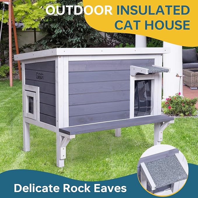 GEGURI Insulated Cat House Outdoor Weatherproof Feral Cat Shelter for Winter Large Wooden Enclosure with Escape Door-PawvioPets