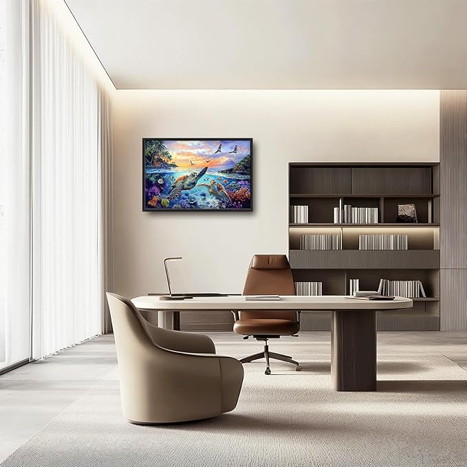 Framed Large Sea Turtle Wall Art for Living Room, Oversized Ocean Turtle Wall Decor Seascape Underwater Marine Life Canvas Painting Home Decoration for Living Room Bedroom Office 36"x24"-PawvioPets