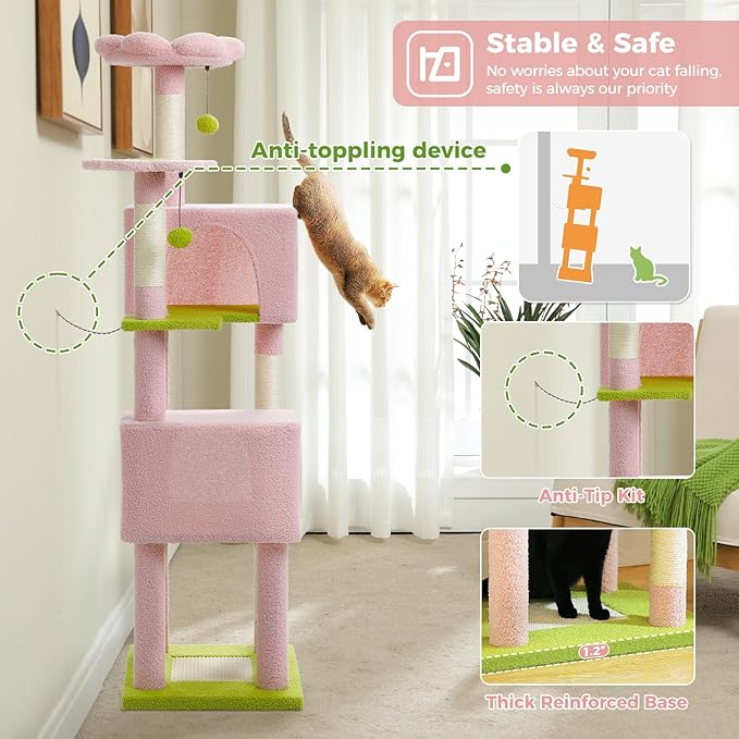 Flower Cat Tree, 62-Inch Large Cat Tower for Multi-Cat Households w/Scratching Posts, Multi-Level Cat Condo w/Cozy Top Perch & Scratching Pad, Padded Platform, 2 Pompoms, Pink-PawvioPets