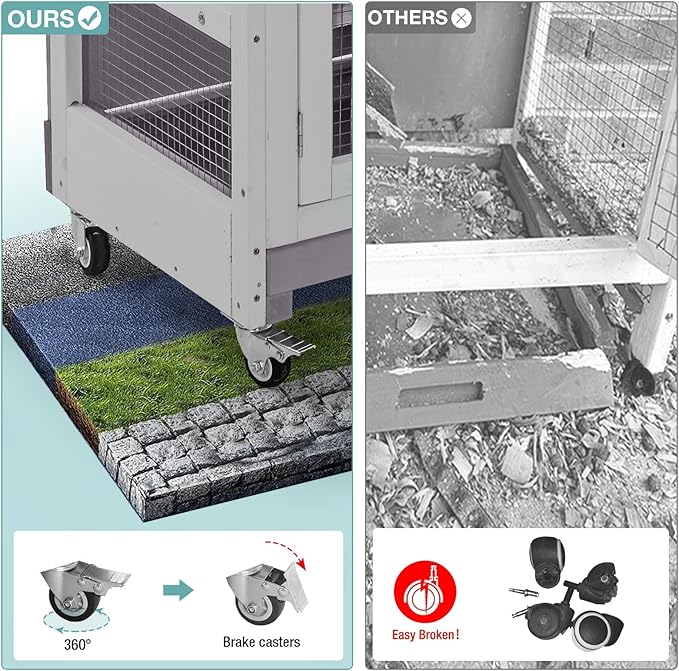 2-Tier Indoor Rabbit Hutch Bunny House Guinea Pig Cage with Sliding Plastic Trays, Wheels & Ramp, 47.2" Multi-Door Wooden Small Animal Cage for Rabbits, Bunnies, and Guinea Pigs (Grey)-PawvioPets