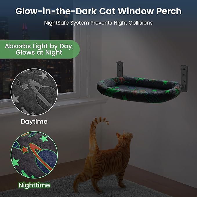 2 Pack Cat Window Perch, Glow in The Dark Foldable Cat Hammock with Cozy Pad Bed, Breathable Cordless Window Seat with Stud Metal Frame for Large Cats and Kitten (Cushion Bed, 2 Pack - L)-PawvioPets