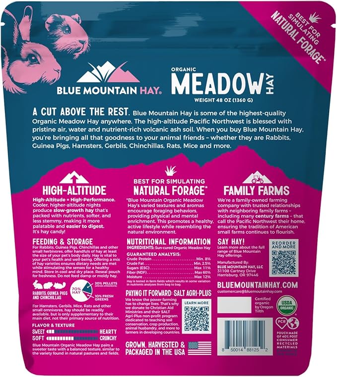 Blue Mountain Hay | Fresh Organic Meadow Hay (48 Ounce) | Mimics Natural Forage | High-Altitude Hay Pet Food for Rabbits, Guinea Pigs, Chinchillas, Hamsters, and Other Small Pets-PawvioPets