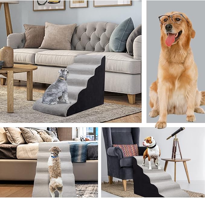 Dog Stairs&Steps for High Beds Up to 28'', 5-Step Dog Ramp for Small Medium Dogs with Washable Cover, Pet Steps for Cats to Get on Couch and Sofa, Durable Foam Ladders, 24.4" Tall, Grey-PawvioPets