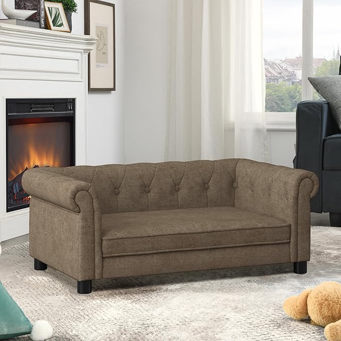 Dog Sofa Couch for Medium to Large Dogs, Memory Foam Pet Sofa Couch with Washable Fabric, Durable Elevated Dog Bed with Legs, Removable Cushion for Medium and Large Dogs, Brown-PawvioPets