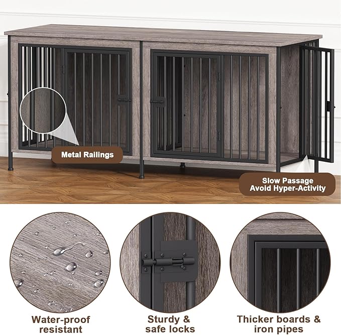 EasyCom 63" Dog Cage Furniture for 2 Pets with Divider, XL Wooden Double Dog Crate Furniture TV Stand for Mideum Breed, Durable and Sturdy-PawvioPets