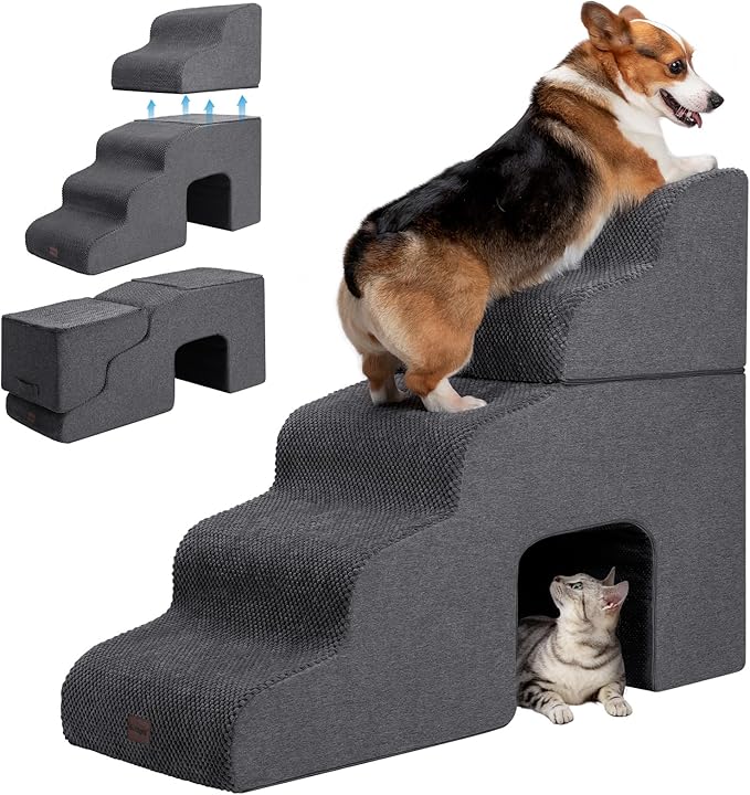 Dog Stairs for High Beds with Tunnel, 5-Step Dog Steps for Small Dogs and Cats, Foldable Pet Stairs for High Bed Climbing, Non-Slip Balanced Pet Step Indoor, Dark Grey-PawvioPets