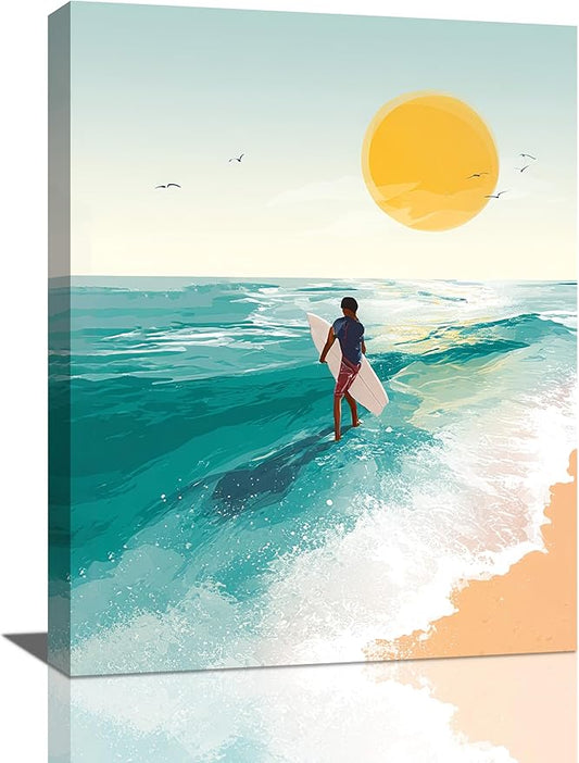 Beach Surfing Wall Art Ocean Coastal Wave Canvas Wall Decor Summer Nature Seascape Pictures Painting Print Framed Artwork Decorations for Bathroom Living Room Office Bedroom 12"x16"-PawvioPets