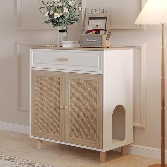 Cat Litter Box Enclosure Furniture Hidden Indoor 2-in-1 Wooden Cat House & Washroom Cabinet with Scratching Board Doors and Drawer, 31.5"x15.7"x34.6"H-PawvioPets