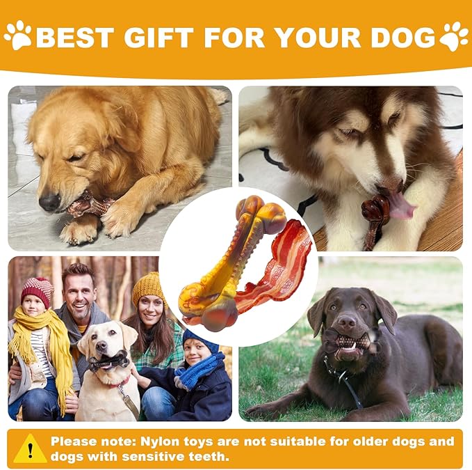 Dog Toys for Aggressive Chewers, Indestructible Dog Chew Toys for Large Medium Small Breed, Tough Nylon Interactive Durable Chew Toy Bone for Puppy Teething Toy Bacon Flavor, Best Gift&Keep Them Busy-PawvioPets