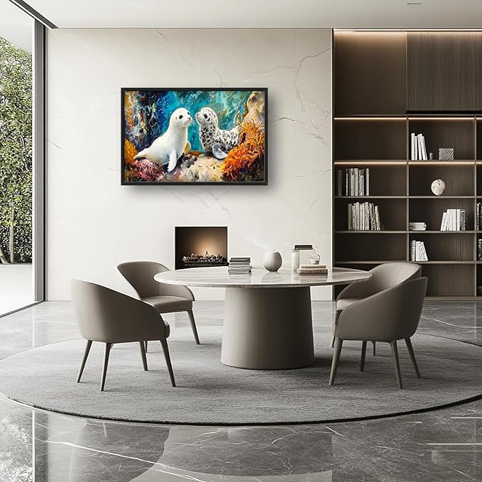 Extra Large Seal Framed Wall Art for Living Room,Oversized Underwater Animal Pictures Wall Decor,Ocean Coral Reef Canvas Print Painting Modern Artwork Bedroom Office Bathroom 36L" x 24W"-PawvioPets