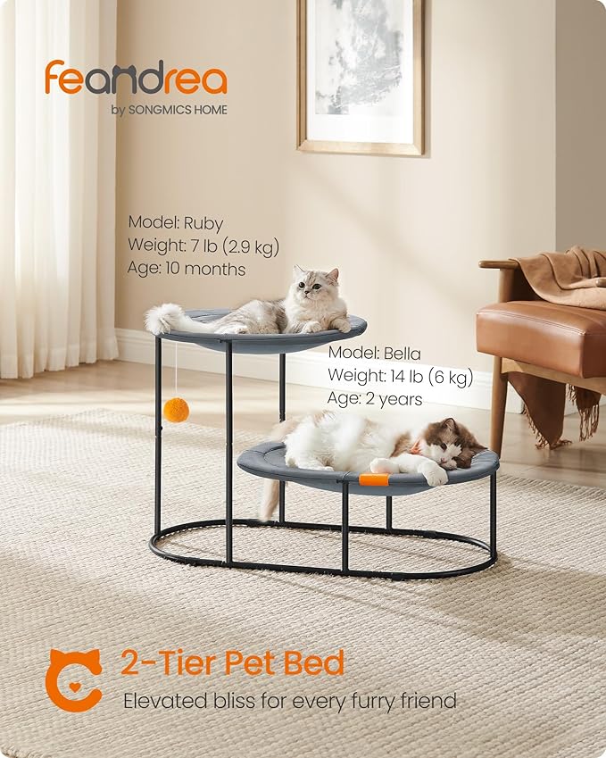 Feandrea 2-Tier Elevated Cat Hammock Bed, Breathable Furniture for Multi-Cat Households Indoor and Outdoor, with Removable Washable Mesh, Steel Frame, for Summer, Dove Gray UPCB012G01-PawvioPets