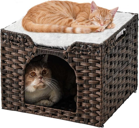 Cat Beds Indoor Kitten House, Handwoven Rattan Cat Cave Pet Cube, Large Cat Houses, One Bed Mat, Foldable, Hideaway, 16.5x16.5x13.2 Inches, 2 S-Shaped Hooks in Living Room Bedroom Brown-PawvioPets