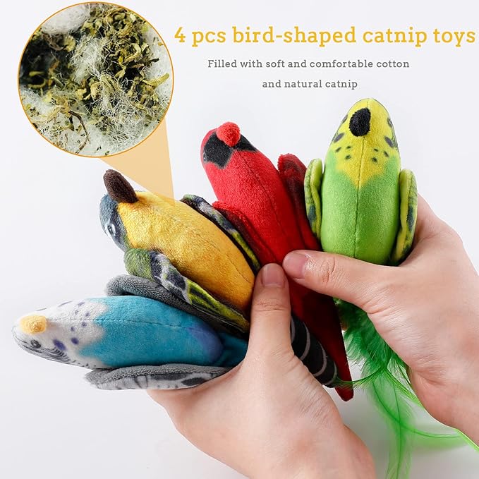 Dorakitten Cat Catnip Toys Interactive Cats 4pcs Kitten Plush Nip Chew Bird Toy with Crinkle Paper Pet Best Treats Stuffed Pillow Cute Teething Play Gifts Soft Kick Sound Supplies for Indoor Kitty-PawvioPets