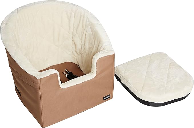 Amazon Basics Pet Car Booster Bucket Seat for Small Pets up to 25lbs, Machine Washable Cover, Clip-On Safety Leash, 18" x 18" x 16", Tan-PawvioPets