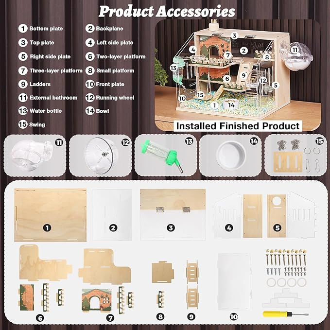 11 in 1 Wooden Hamster Cage with All Accessories, 15.8 Inch 3-Layer Dwarf Hamster Cage Acrylic,Small Animal Cages, Pastoral Style Mouse Cage for Pet Mice, Hedgehog, with Stairs, Fences and Swing-PawvioPets