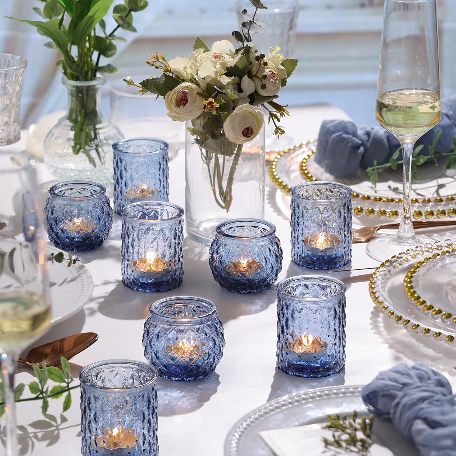 36pcs Assorted Blue Votive Candle Holders, Blue Candle Holders for Wedding Table Decor, Tea Lights Candle Holder for Table Centerpiece, Bridal Shower, Baby Shower Decorations