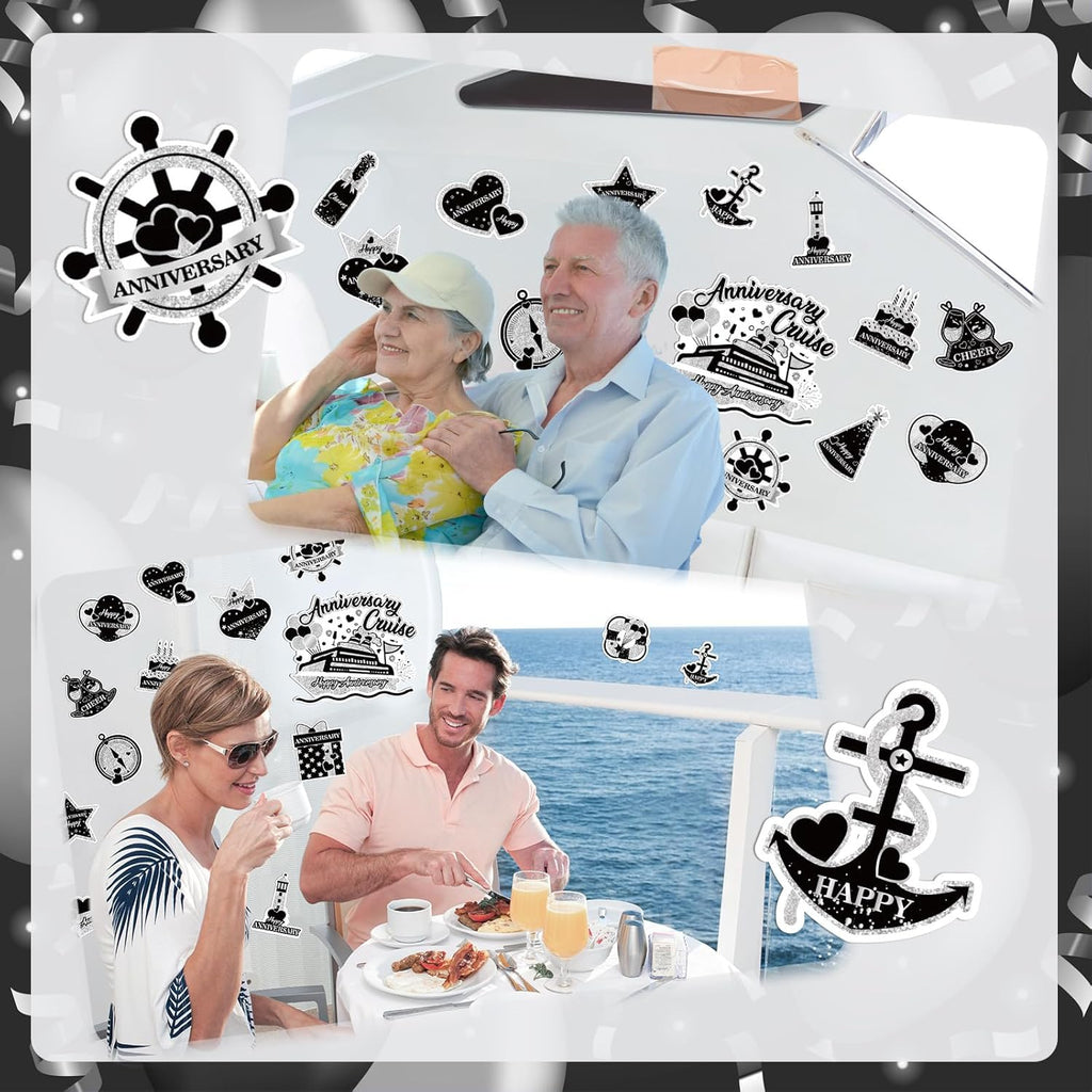 Happy Anniversary Cruise Door Magnets Decorations,Black Silver Happy Anniversary Cruise Ship Door Decor Magnetic for Married Men Women Wedding Party Refrigerator Fridge Car Kitchen Garage Personalized