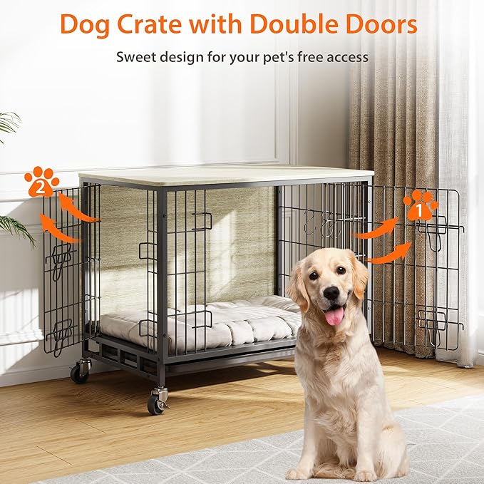 Dog Crate Furniture, 27.2" Small Dog Kennel Wooden Dog Crate with Pull-Out Tray, Double Doors, Modern End Table for Small/Medium Dogs, Rustic Brown-PawvioPets