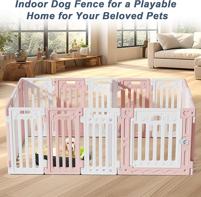 2 Room Dog Playpen with Door,DIY Shape Combination Puppy Pen,16-Panel+2 Link Piece+Large Door+Small Door,25.5" H Dog Fence,Non-Slip&Secure Pet Gate,Easy to Assemble,Pink + White-PawvioPets