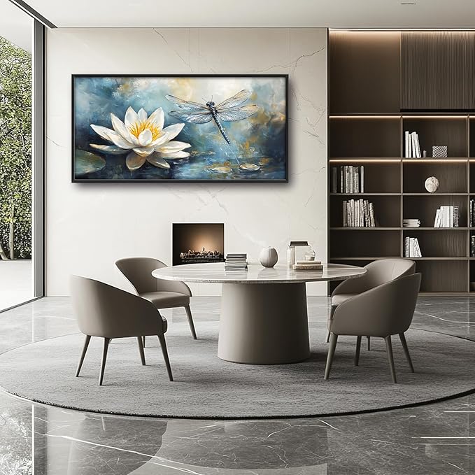 Extra Large Lotus Dragonfly Framed Wall Art for Living Room,Abstract Blue Lotus Flower Lake Pictures Wall Decor,Nature Canvas Print Painting Modern Artwork Bedroom Office Bathroom 60L" x 30W"-PawvioPets