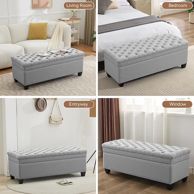 51" Fabric Storage Ottoman Bench, Upholstered Rectangle End of Bed Storage Ottoman Tufted Living Room Bedroom Bench with Safety Hinge, Solid Wood Legs, Loads 500 lb(Light Grey)-PawvioPets