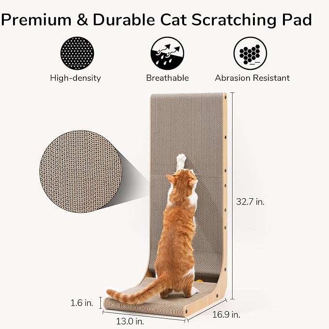 FUKUMARU Cat Scratcher, 32.7 Inch L Shape Cat Scratch Pad Wall Mounted, Cat Scratching Cardboard with Ball Toy for Indoor Cats, Extra Large-PawvioPets
