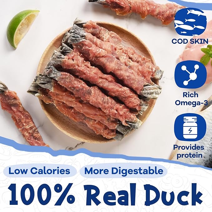 Cod Skin Dog Treats with Duck Dog Snacks High Protein and Omega-3, Natural Dog Chews w/Taurine, 12.5 oz-PawvioPets