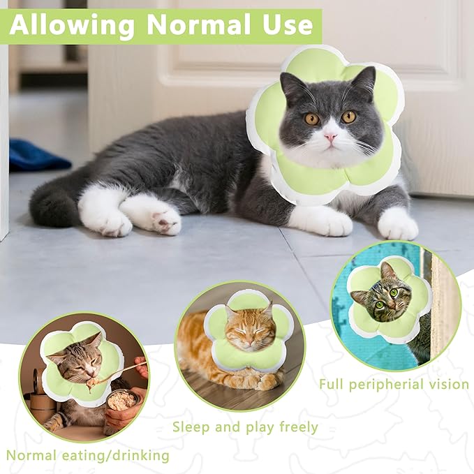 Cat Cone Collar Soft, Waterproof Cats Cones to Stop Licking After Surgery, Adjustable Soft Elizabeth Cats Collars for Wound Healing, Flower Shape Cat Recovery Collar (Green, Small)-PawvioPets