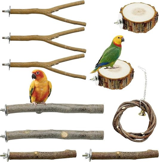 Allazone 10 PCS Natural Parrot Perch Bird Cage Accessories, Bird Platforms, Wood Stands, Grinding Fork Parakeet Platform for Small Lovebirds Budgies Cockatiels-PawvioPets