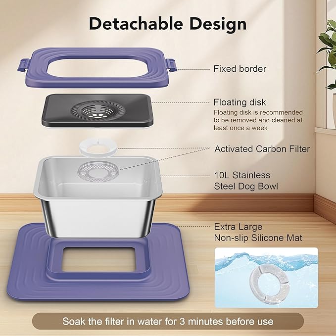 Decflow 10L Stainless Steel Dog Water Bowl, No Spill Anti-Splash Dog Bowls with XXL Silicone Mat, Spill-Proof Slow Feeder for Messy Drinkers, Heavy Duty Pet Bowls for Indoor/Outdoor Use Purple-PawvioPets