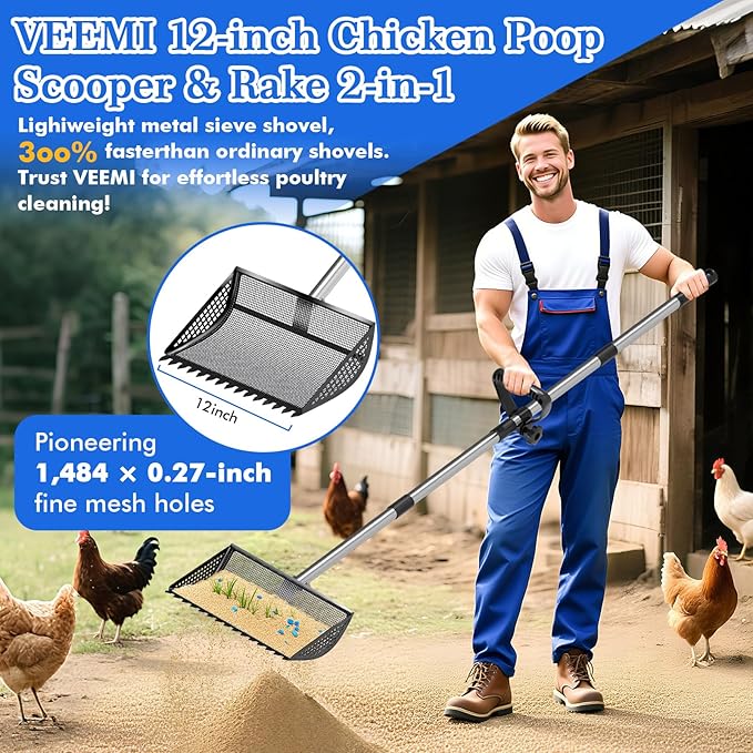 12 Inch Chicken Poop Scooper & Rake 2-in-1, Large Metal Shovel Head, Rubber Handle Stainless Steel Chicken Litter Scoop for Chicken Coops, Litter Screening Scoop (35 to 65in) US Patent Pending (Black)-PawvioPets