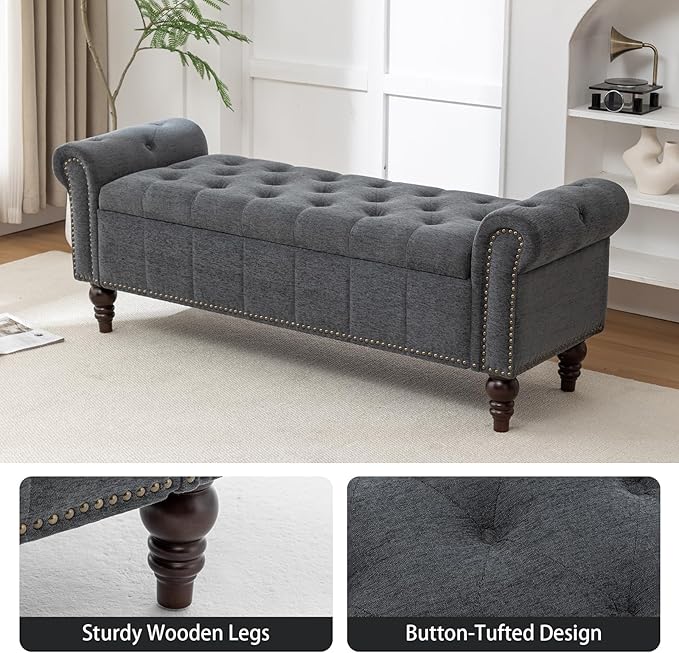 58’’ Storage Bench for Bedroom, Upholstered Button-Tufted Ottoman with Solid Wood Legs, Large End of Bed Shoe Cabinet, Window Seat Foot Rest Stool for Entryway, Closet, and Living Room (Dimgray)-PawvioPets