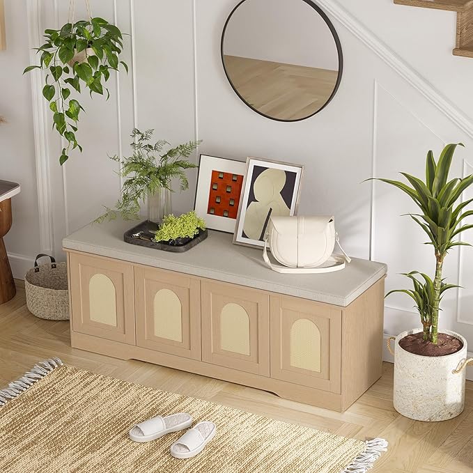 DINZI LVJ Shoe Bench, Entryway Storage Bench with Doors, Cushion, 2-Tier Shoe Rack with 8-Cubby, 47.2”L x 13.8”W Shoe Organizer Cabinet, Adjustable Shelf, Living Room, Bedroom, Natural with Rattan-PawvioPets