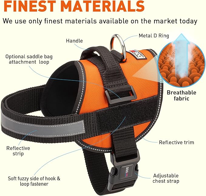 Dogline Dog Harness, Reflective No-Pull Adjustable Vest with Handle for Walking, Training, Breathable, No - Choke Harness for Small, Medium or Large Dogs Room for Patches Girth 33"-46" in Orange-PawvioPets