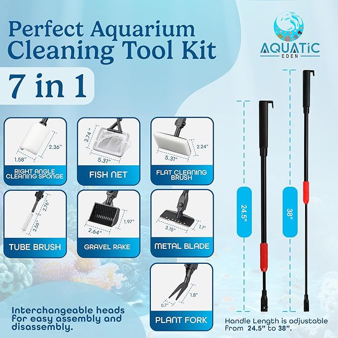 Aquarium Cleaning Tools 7 in 1 - Fish Tank Cleaning Kit with Algae Scraper, Scrubber Pad, Adjustable Telescopic Long Handle, Fish Net, Gravel Rake, Fork & Brush - Saltwater & Freshwater Tank-PawvioPets