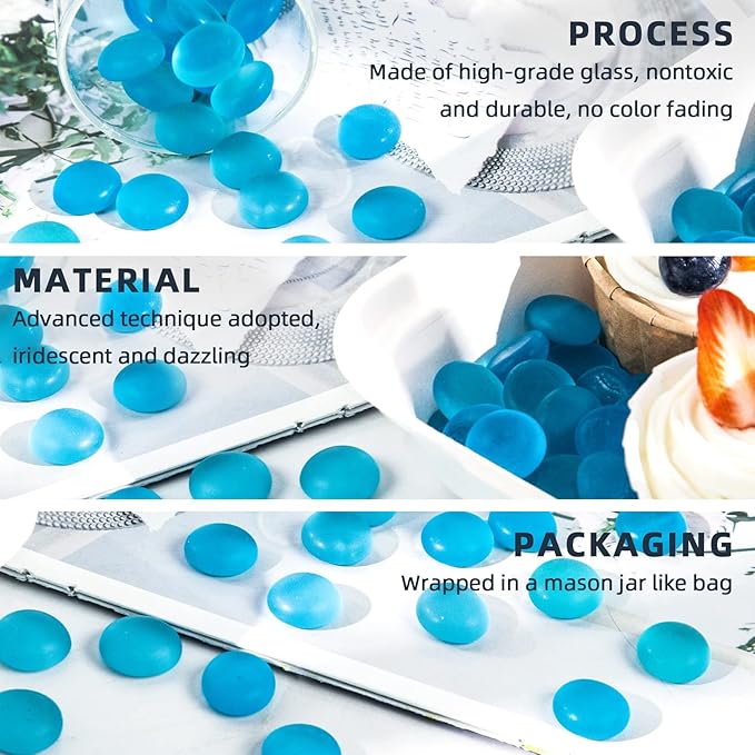 FUTUREPLUS 1LB Frosted Flat Marbles, Blue Glass Pebbles Beads Vase Fillers Decorative Fish Tank Aquarium Rocks for Centerpieces Table Decor-PawvioPets