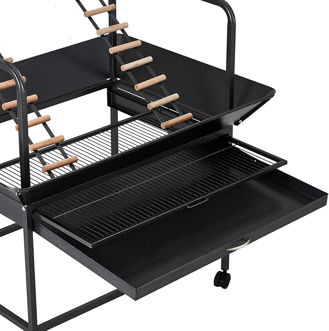 Bird Playstand, 66'' H Inch Birdcage Stand Activity Play Center with Perches and Ladders, Removable Tray, Indoor Outdoor Playground for Parakeet,Cockatiels Conures Parrots, Lockable Caster,Black-PawvioPets