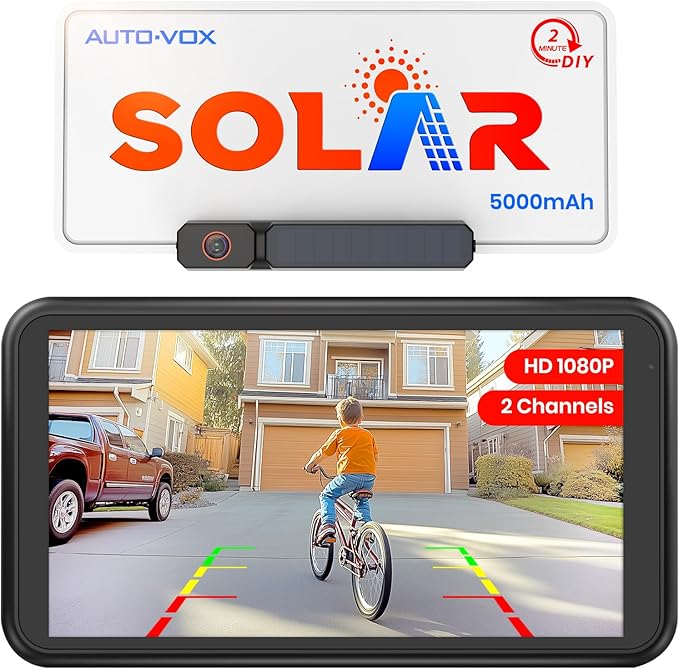 AUTO-VOX Solar Wireless Backup Camera with 5" 1080P Monitor: 5000mAh Battery 2 Mins DIY Installation & 2 Split Screen Back Up Camera, IP69K Waterproof Reverse Camera for Car, Van, SUV, Truck, Trailer-PawvioPets